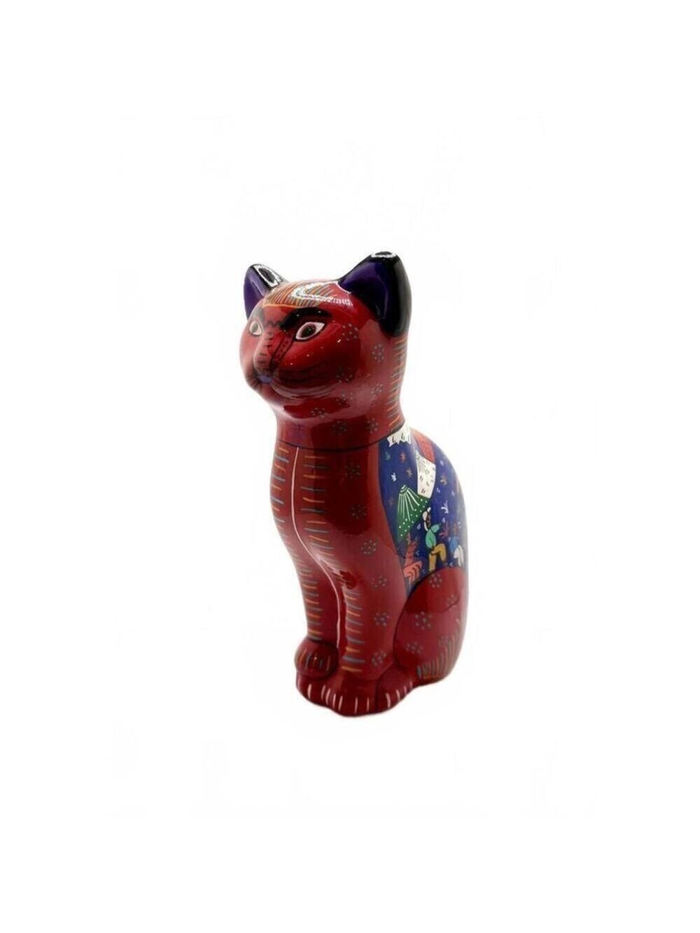 Vintage Hand Painted Mexican Ceramic Cat Folk Art Figurine Colorful Village